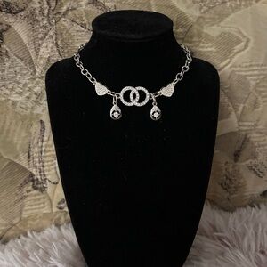 Silver Double Circle Link Heart & Drop Charm Choker/Necklace with Heart Clasp
